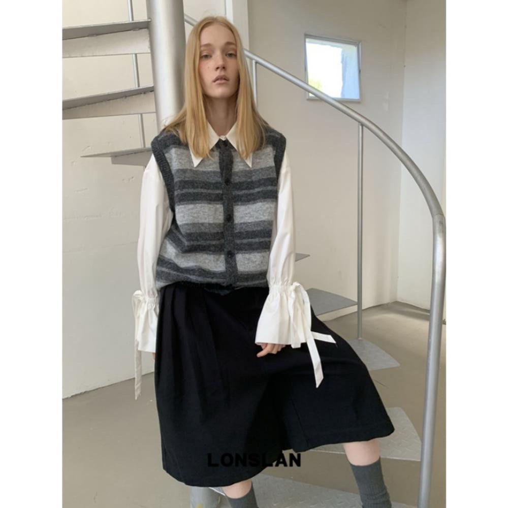 LONSLAN 니트 베스트 조끼 스트라이프 니트 베스트