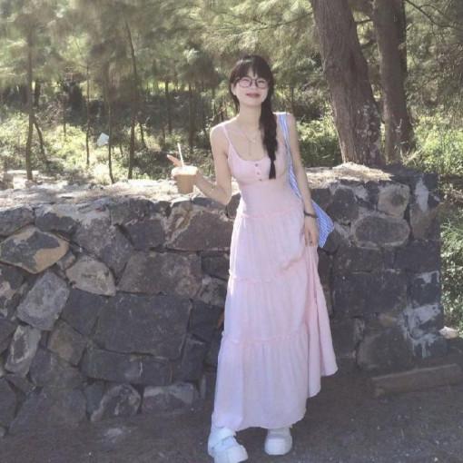 핑크 롱 나시 원피스 일본풍 하이웨스트 봄 여름