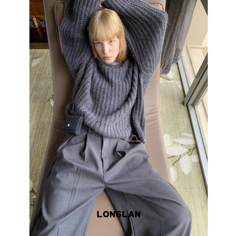 LONSLAN 니트 스웨터 와이드 매듭 크루넥 루즈핏 스웨터 3COLOR