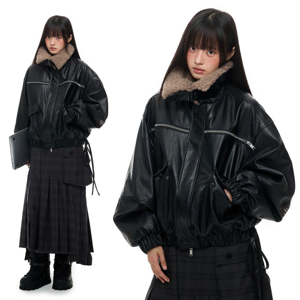 JIKOO 자켓 PU 퍼 칼라 아웃라인 드로스트링 레더자켓