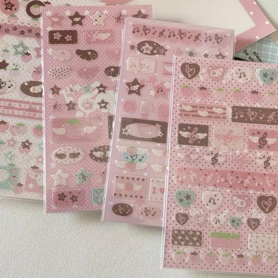 4개 세트 핑크 브라운 음표 딸기 글리터 스티커 사진 카드 폰 케이스 보관함 장식 스티커