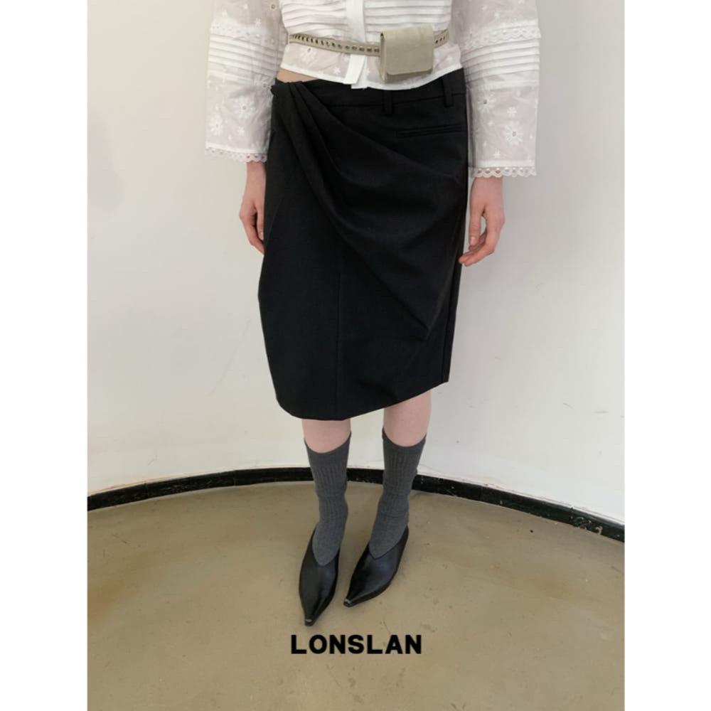 LONSLAN 스커트 미디 불규칙 플리츠 슬림 스트레이트 스커트 (블랙)