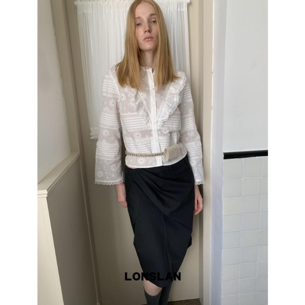 LONSLAN 셔츠 화이트 블라우스 시스루 레이스 탑