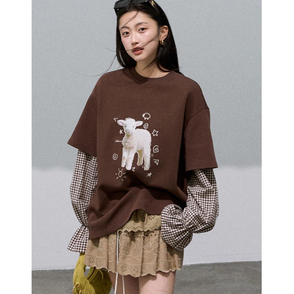 OAKMOO 티셔츠 페이크 투피스 플레드 셔츠 풀오버 스웨트셔츠