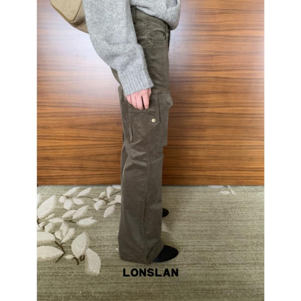 LONSLAN 바지 코듀로이 포켓 워크웨어 플레어 팬츠 (카키)