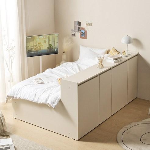 알파침대 모아 책장형 멀티 수납 침대프레임, 슈퍼싱글, 크림화이트