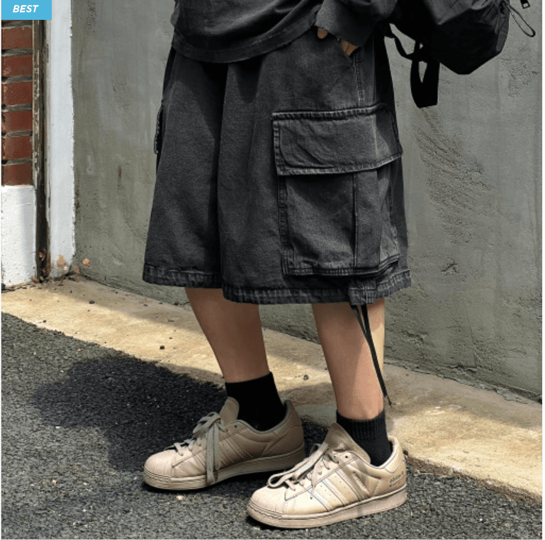 씨티 카고 와이드 데님 버뮤다 팬츠 2C 흑청 연청 남자 여자 밴딩 여름 스트릿 반바지