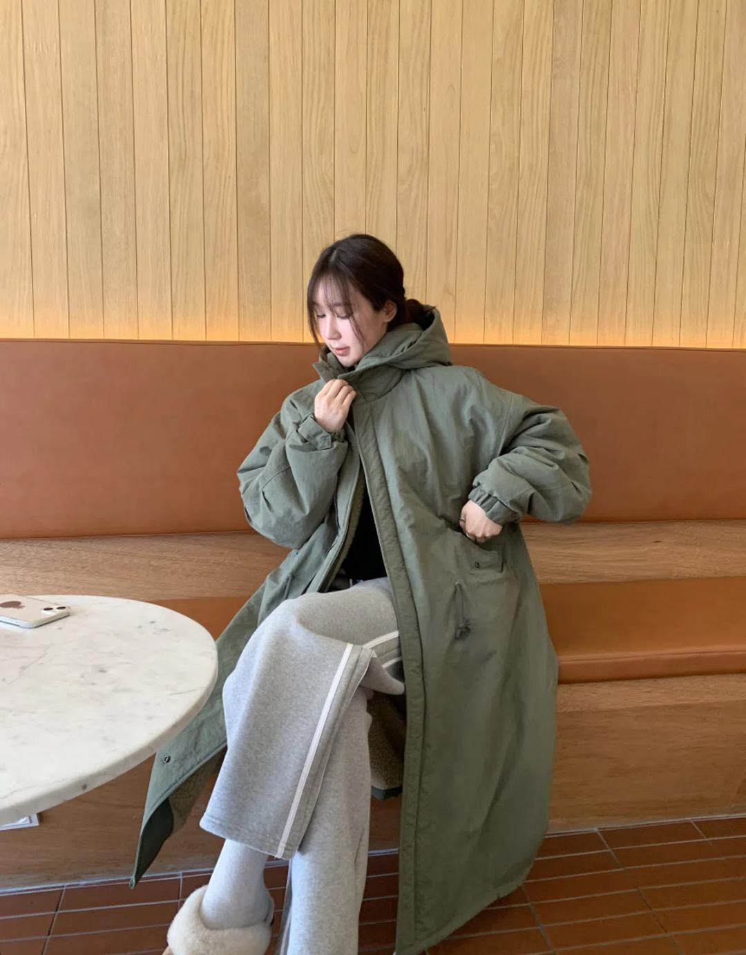 양털 본딩 후드 2온스패딩 야상 롱 점퍼_어니스트