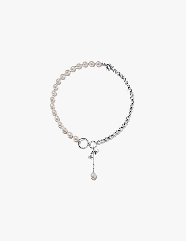 银色蝴蝶珍珠拼接项链