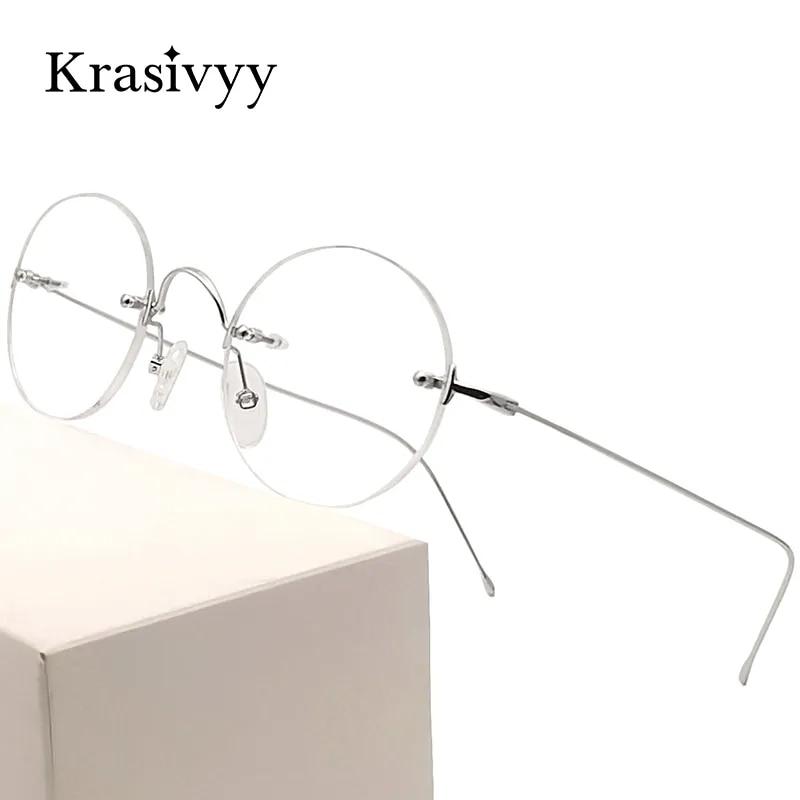 Krasivyy 럭셔리 무테 안경 프레임, 티타늄 브랜드 디자이너, 광학 처방 안경, 빈티지 라운드 안경, 여성
