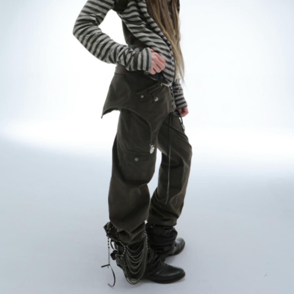 DOUBLE PUNCH 더블펀치 팬츠 레이어드 스커트 코튼 워싱 디스트레스드 포켓 팬츠