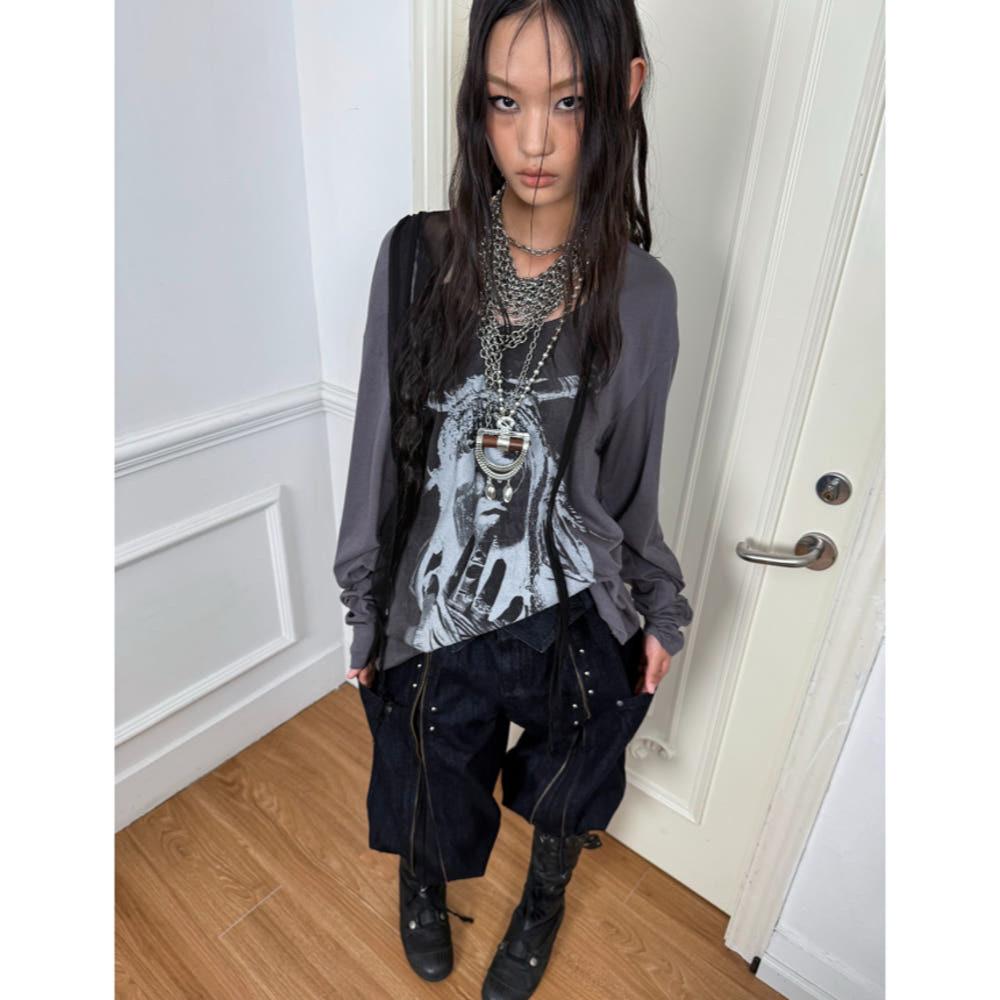 DOUBLE PUNCH 더블펀치 티셔츠 드롭 숄더 펑크 프린트 긴팔티 구디즈월드