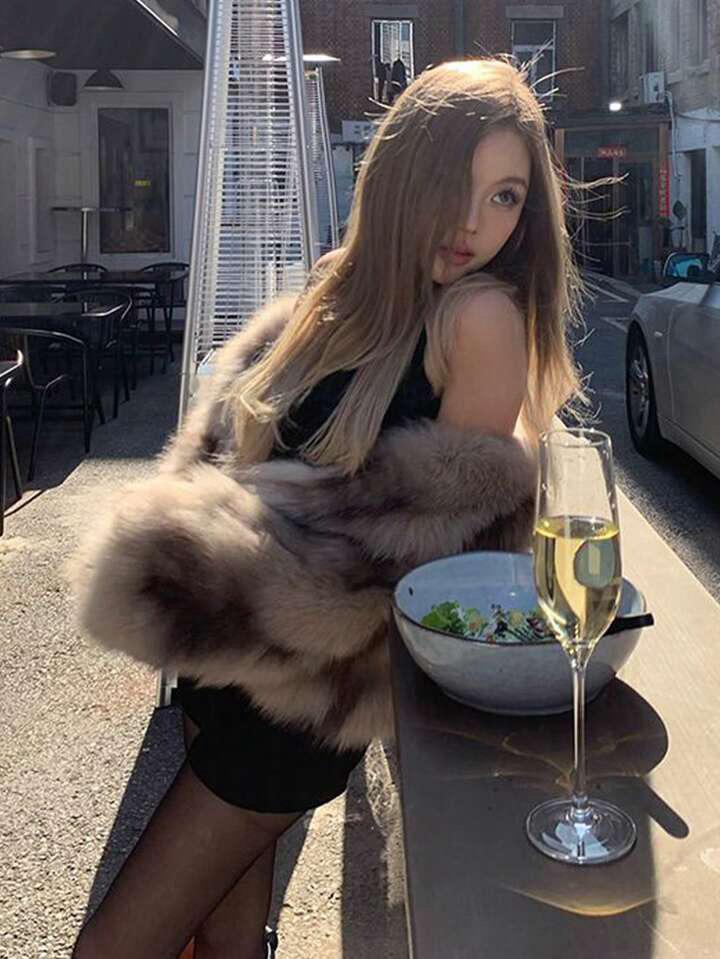 여성 우아한 타이다이 브이넥 긴팔 인조모피 재킷