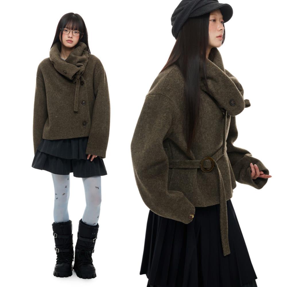 JIKOO 자켓 2WAY 디자인 벨트 숏 울 모직 코트