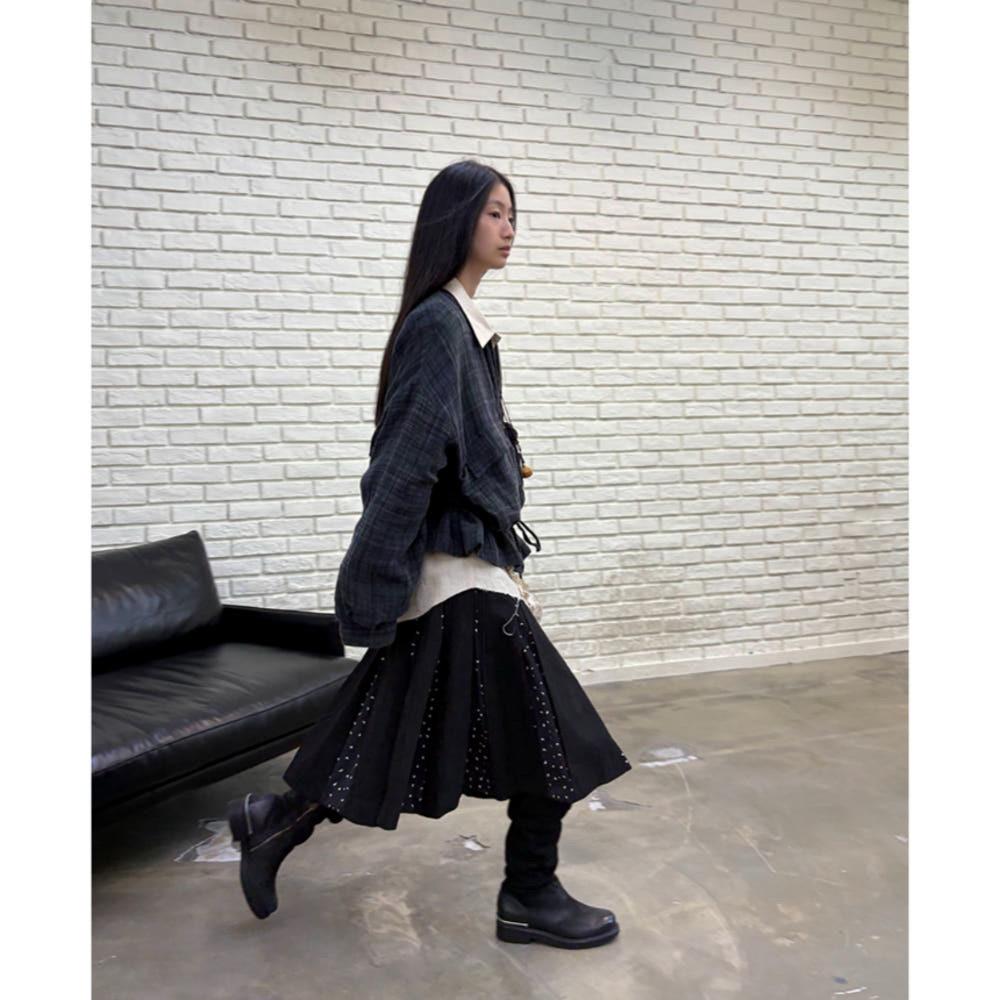 NEVERSEEZ 스커트 크레센트 폴카 도트 플리츠 미디 스커트