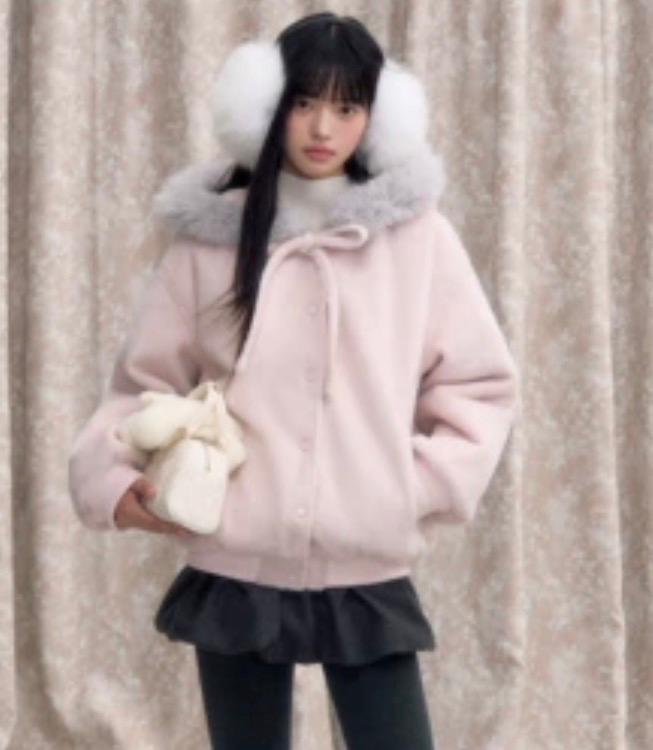 Soote Season 原创韩系粉色蝴蝶结连帽毛毛夹棉加厚棒球服呢外套