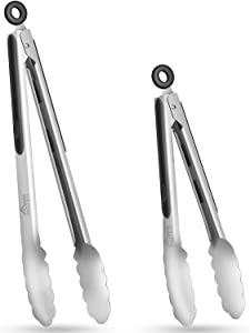 Hotec Stainless Steel Kitchen Tongs Set of 2 - 9" and 12", Locking Metal Food Tongs Non-Slip Grip