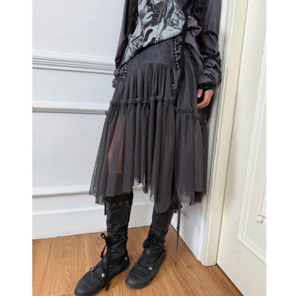 DOUBLE PUNCH 더블펀치 스커트 레이스 자카드 메시 플리츠 스커트 구디즈월드