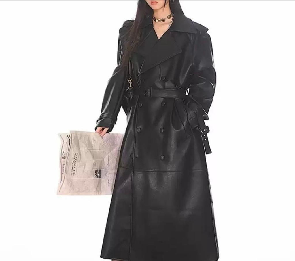 UNCMHISEX 어깨패드 허리끈 가죽 롱코트 자켓 오버핏 블랙 브라운