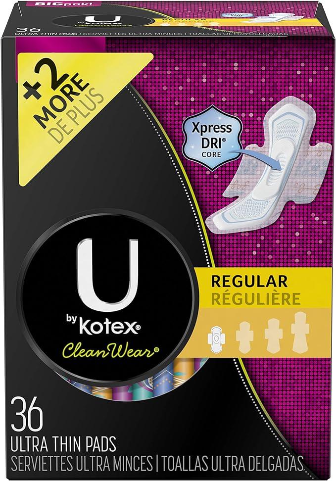 U by Kotex CleanWear Ultra Thin Feminine Pads with Wings, Regular, Fragrance-Free, 50 Count