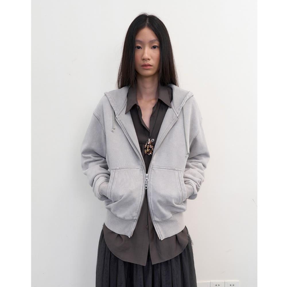 NEVERSEEZ 후드 집업 자켓 워싱 디스트레스드 자수 캐주얼 스웨트셔츠 (그레이)