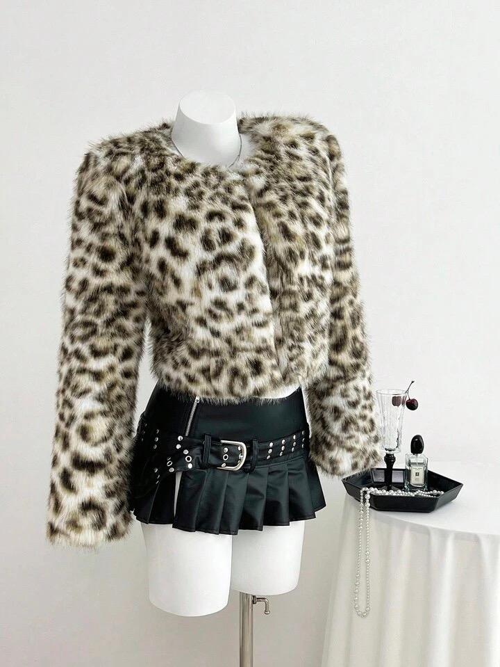 Elamini 브라운 레오파드 프린트 빈티지 시크 하이엔드 인조 퍼 긴소매 재킷, 유럽 및 미국 스타일, 겨울