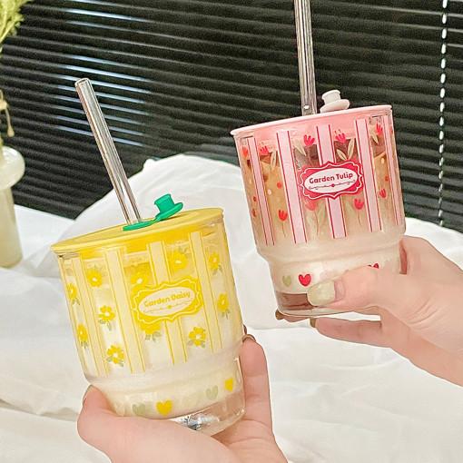 리유저블컵 400ml 플라워 빨대컵 냉온겸용 유리컵