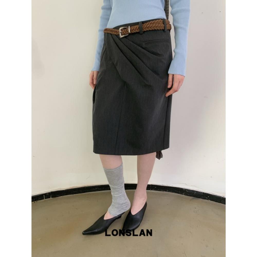 LONSLAN 스커트 미디 불규칙 플리츠 슬림 스트레이트 스커트 (그레이)