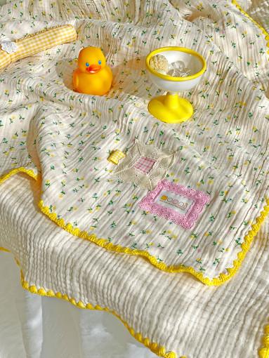 리틀달링 스티치 블랭킷 옐로우 노랑 꽃무늬 플라워 거즈 담요 무니무니 자체제작 유아이불 유모차덮개 반려동물담요 다용도커버 소파블랭킷