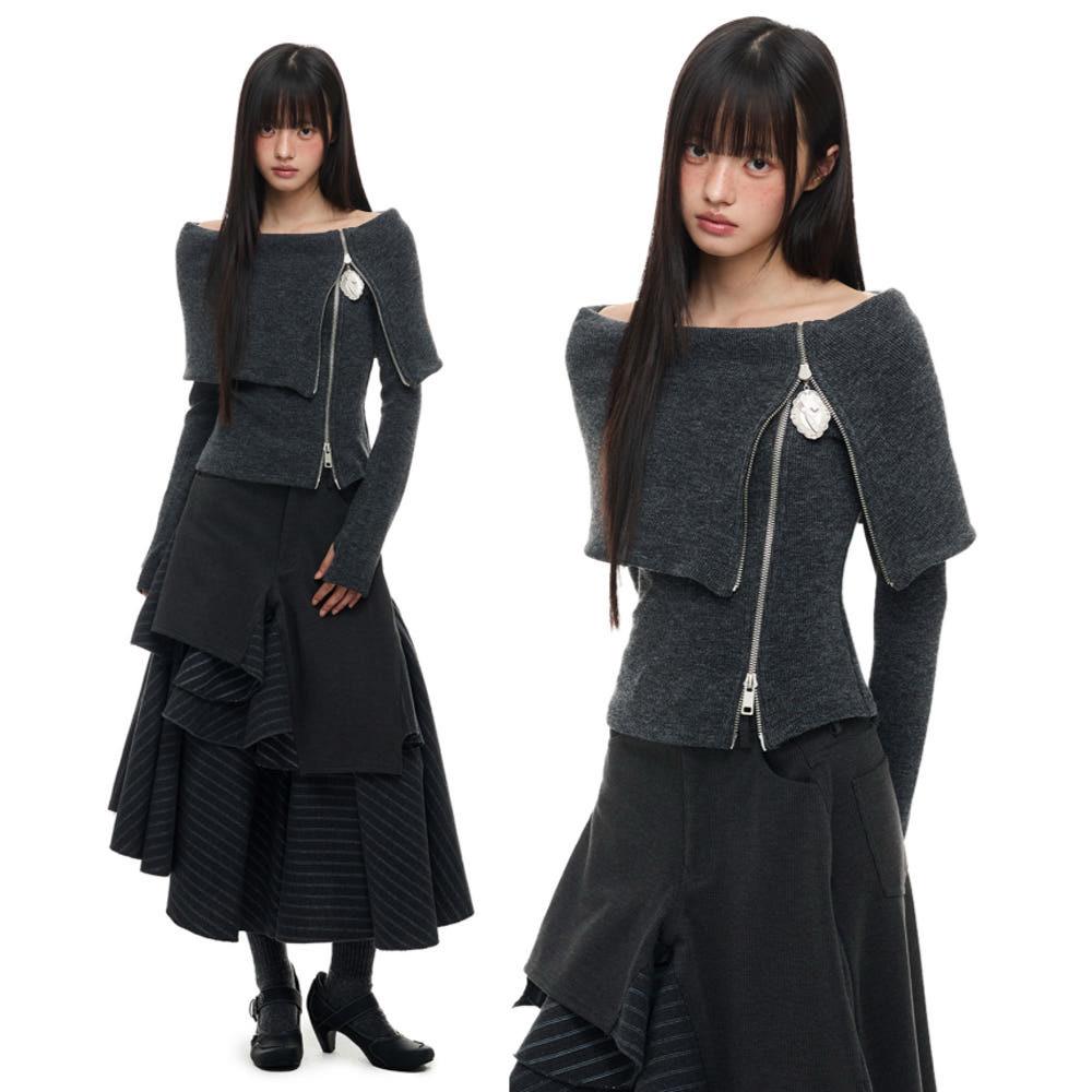 JIKOO 니트 원숄더 메탈 지퍼 가디건 스웨터 
