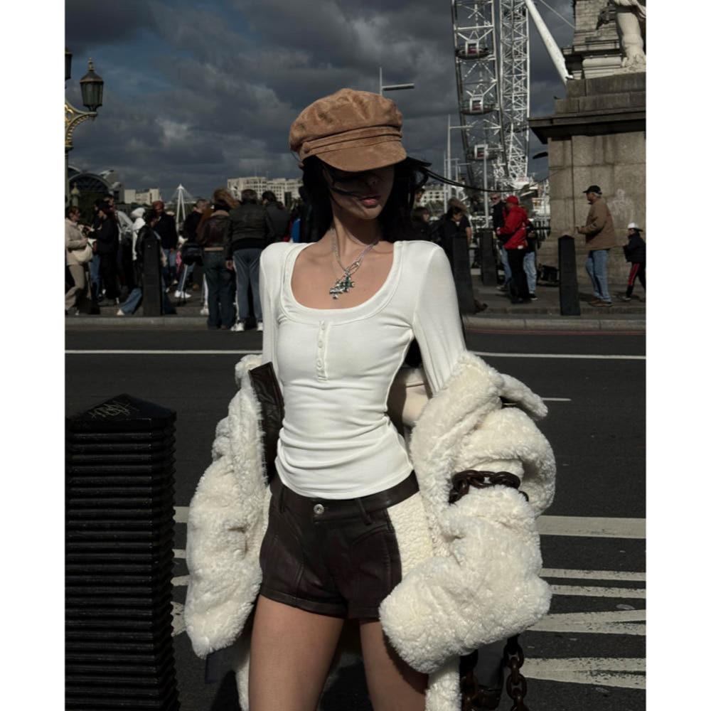 WARDEN EDGE 팬츠 로우웨이스트 반바지 카키 램스울 가죽팬츠