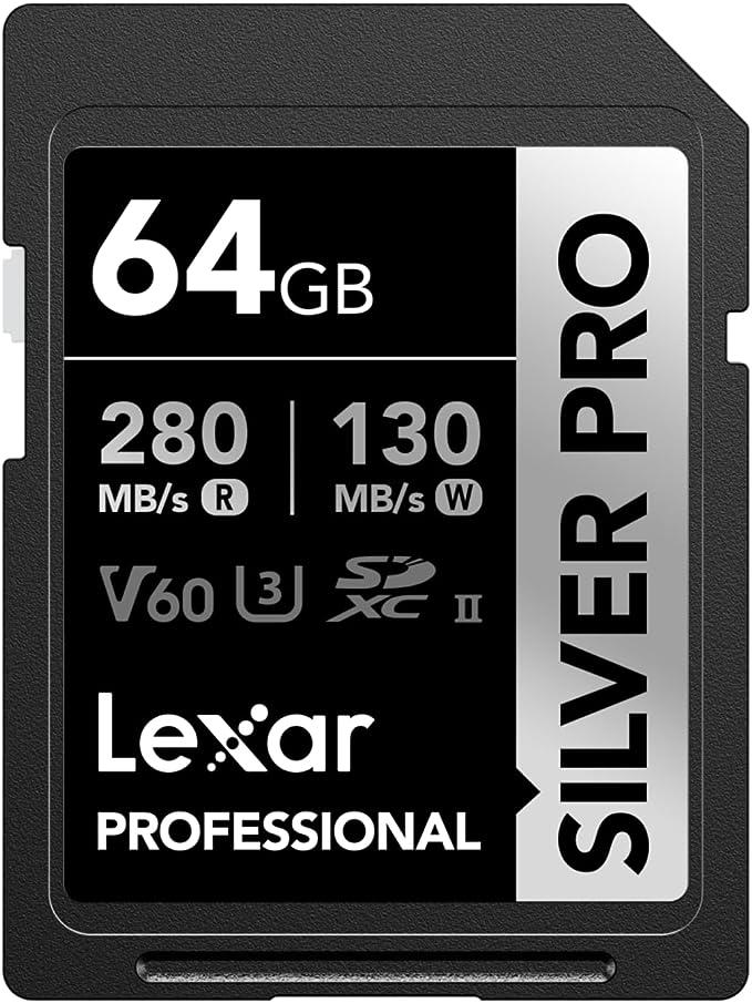 Lexar Silver Pro SD Card 64GB, UHS-II Memory Card, V60, U3, C10, SDXC Card, Up To 280MB/s Read, for Professional Photographer, Videographer, Enthusiast (LSDSIPR064G-BNNAA)
