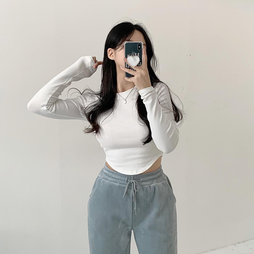 밑단 라운딩 유넥 도톰탄탄 기모 크롭 긴팔티셔츠