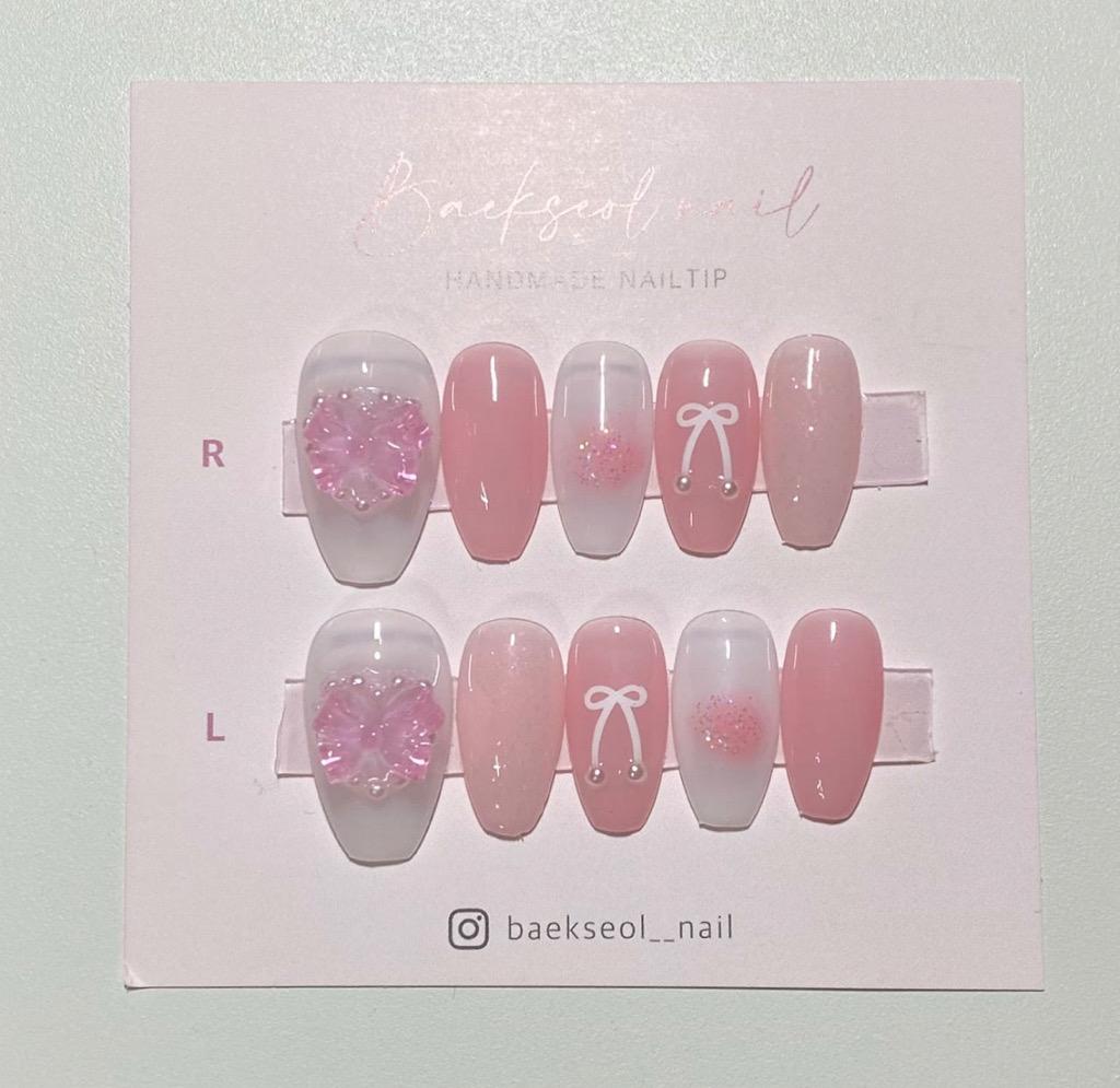 핑크 리본링 수제네일팁