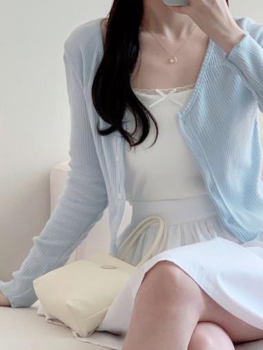 [2col] Picnic shirring cd 핑크 소라 가디건