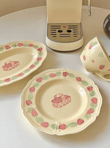 딸기 일러스트 세라믹 식기 원형 타원형접시 1인식기 그릇세트