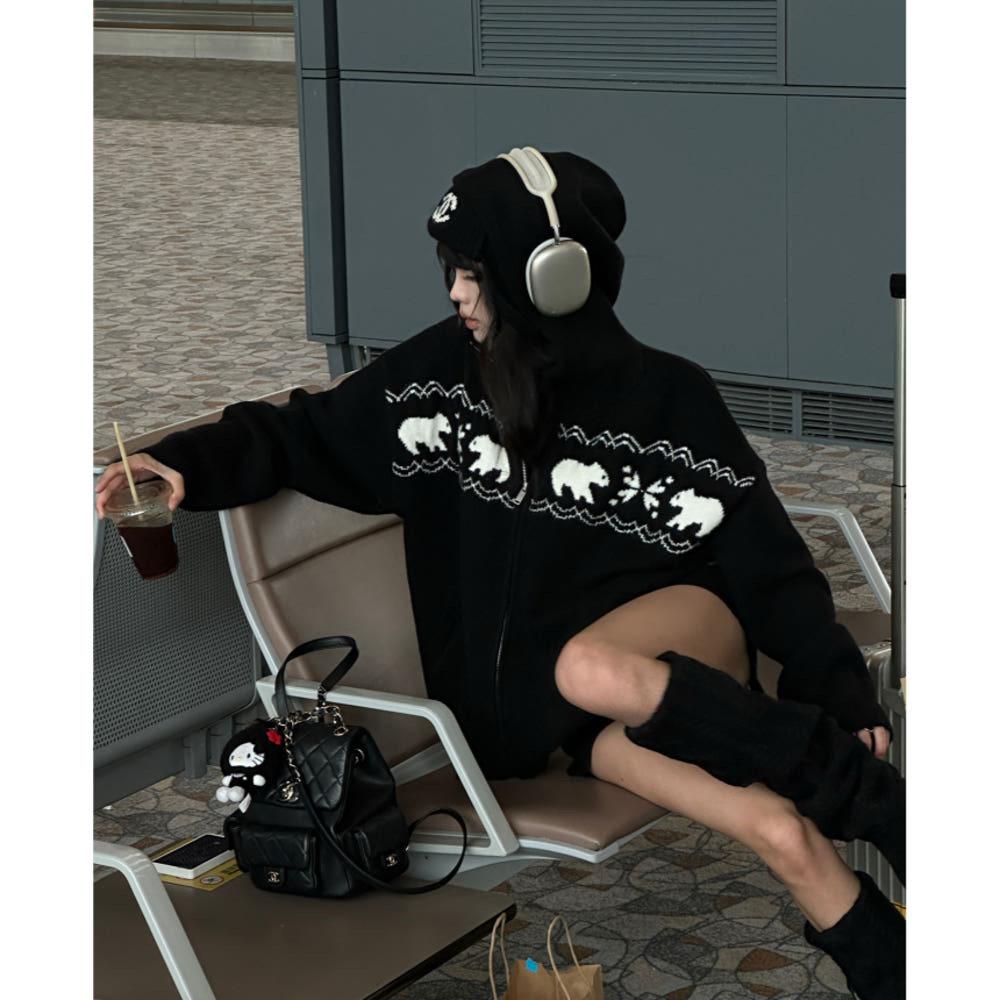 WARDEN EDGE 니트 스웨터 블랙 페어아일 후드넥 루즈핏 스웨터