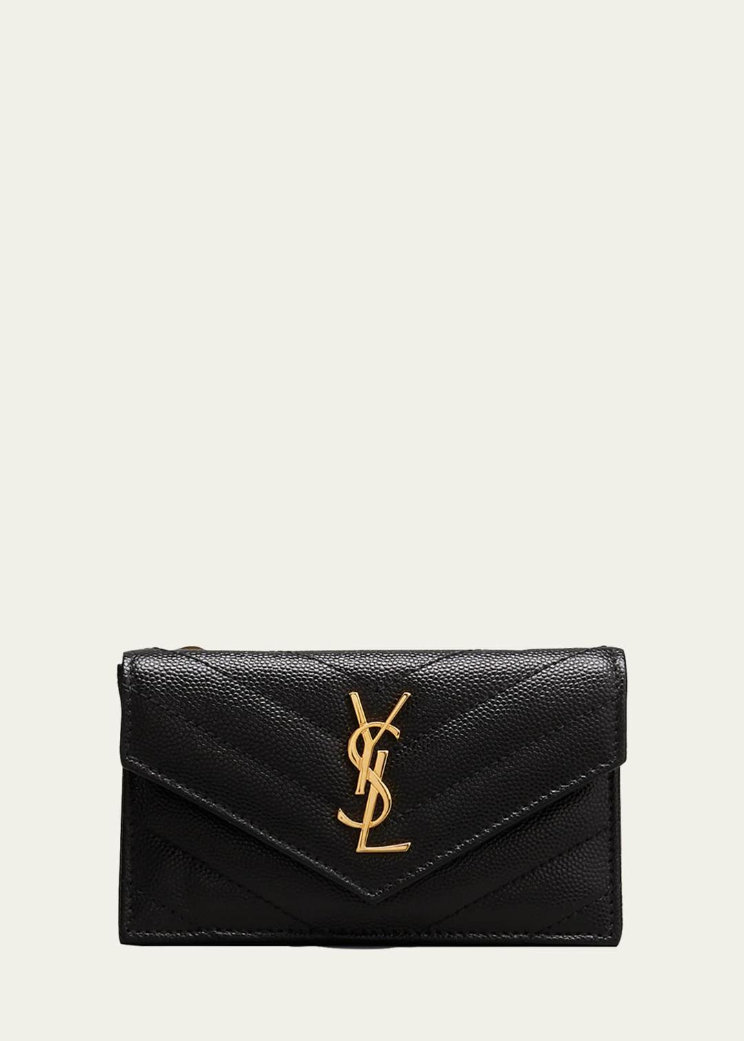 YSL Monogram Ziptop Flap Card Case in Grained Leather