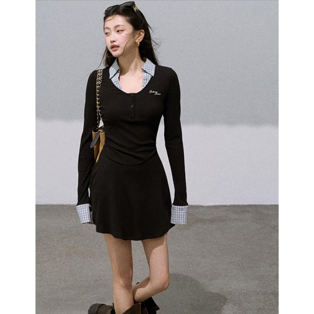 OAKMOO 원피스 페이크 투피스 슬림핏 긴팔 니트 원피스 (블랙)