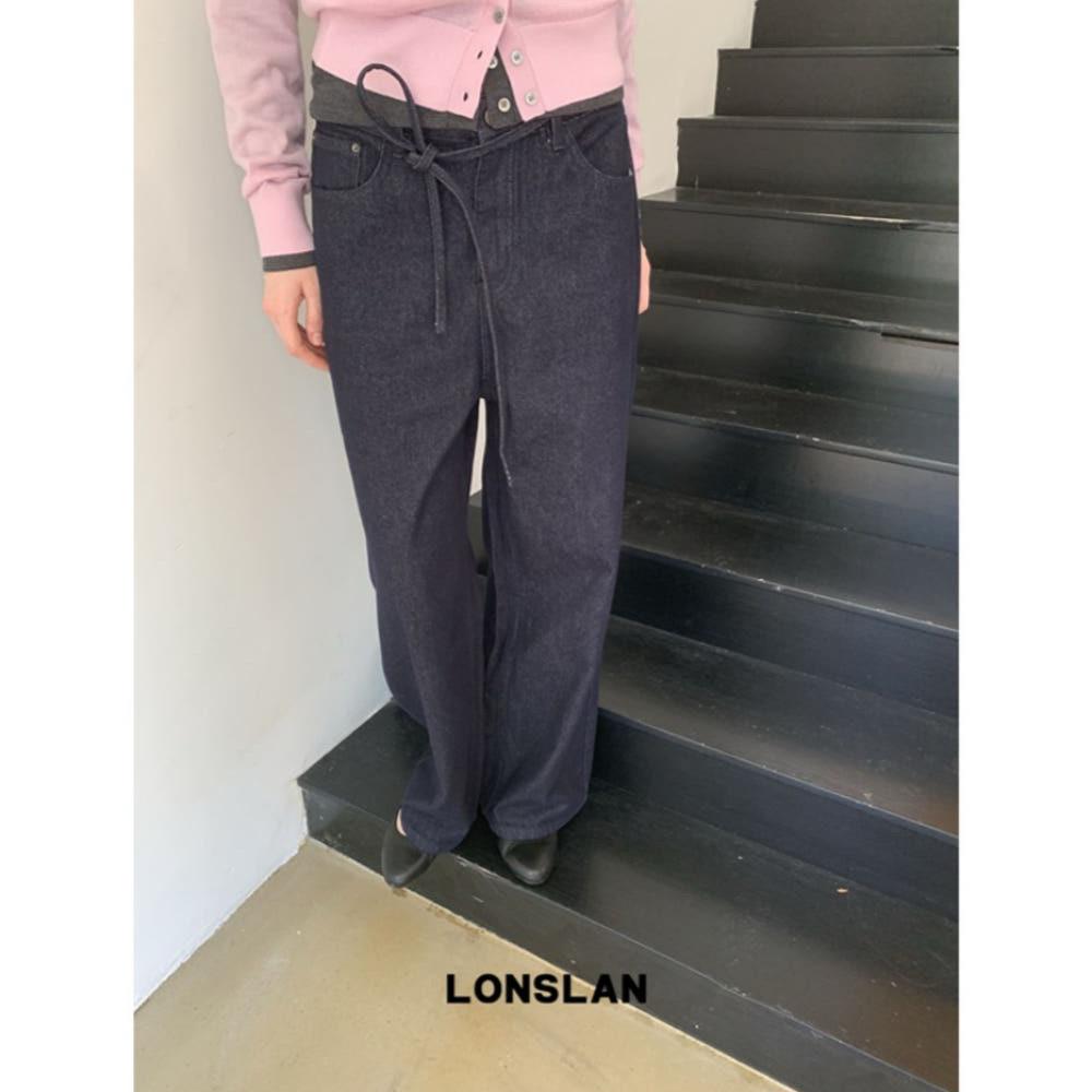 LONSLAN 바지 레이스업 리본 스트랩 다크 블루진 청바지