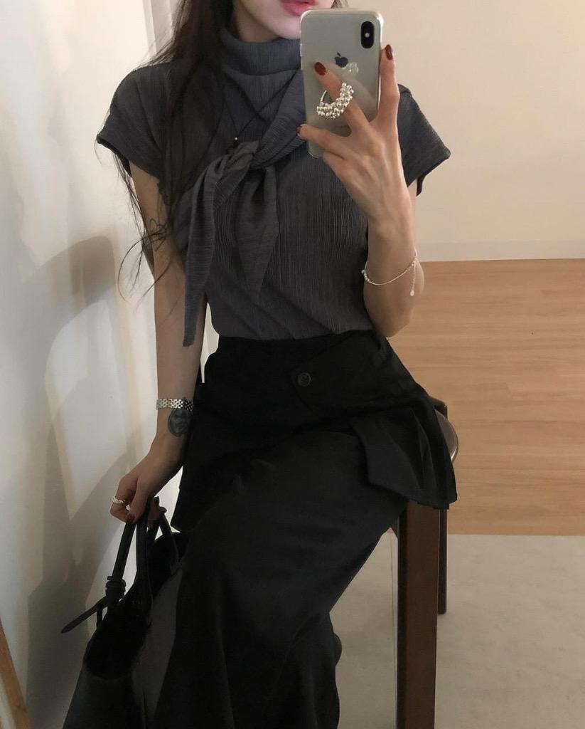코리 여성 여름 반목 레이어드 이너 플리츠 반팔 티