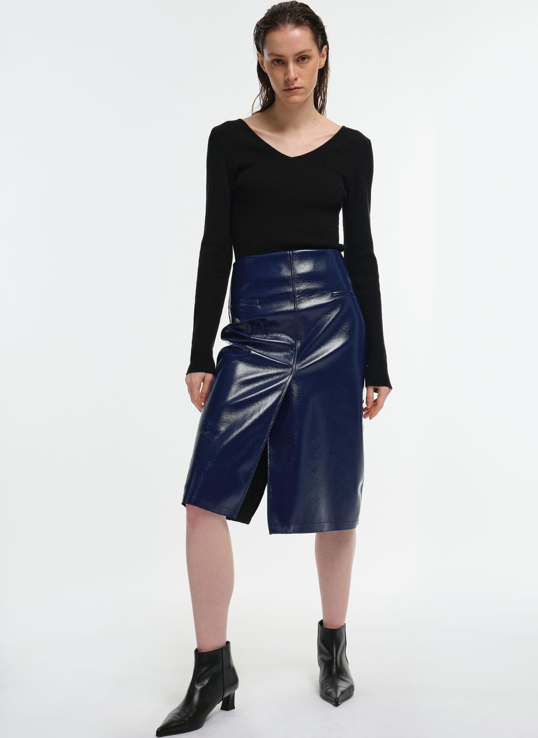 GLOSY SLIT MIDI SKIRT - NAVYJ241OSK311