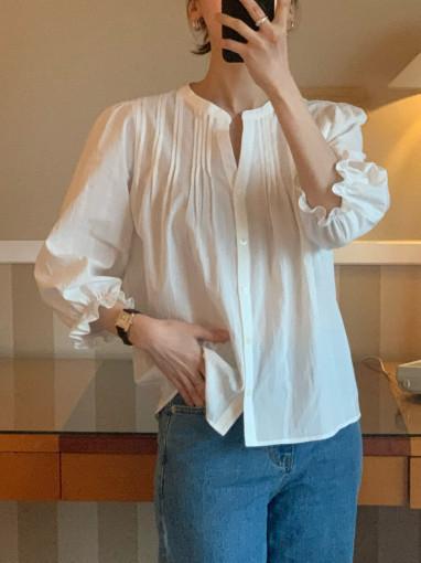 아이 당일 / fllanel 플라넬 이브 블라우스 핀턱 퍼프소매 셔링 7부 bl (2 color)