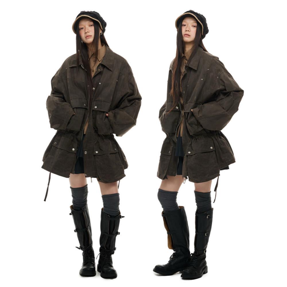 JIKOO 자켓 레트로 올드 왁스 워크 롱자켓 야상