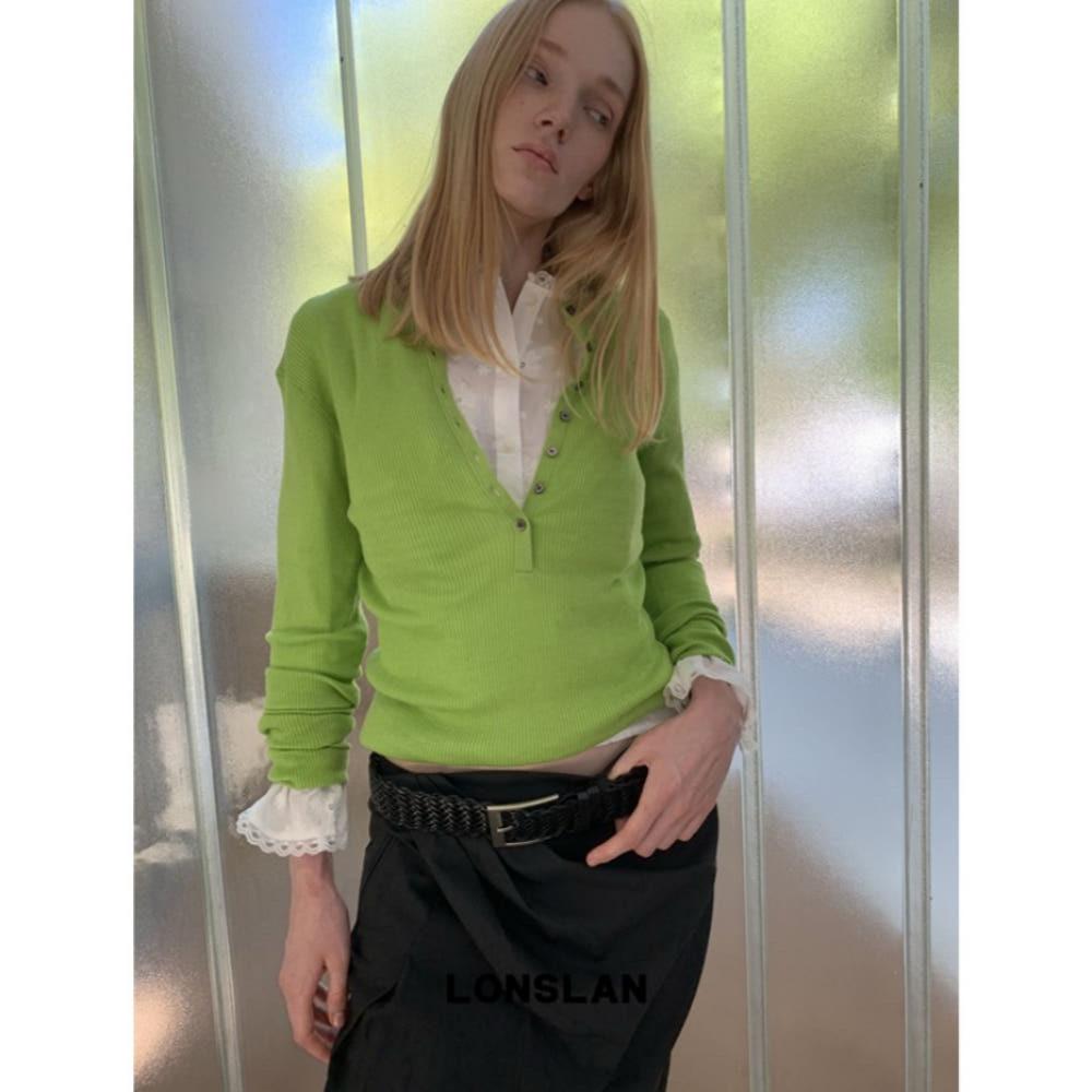 LONSLAN 니트 버튼 브이넥 슬림핏 스웨터 3COLOR