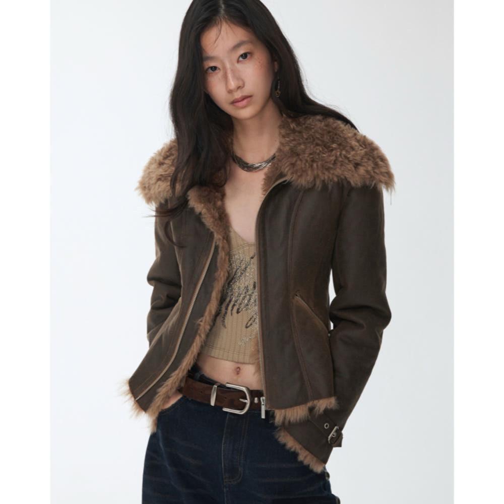 1JINN STUDIO 원진스튜디오 자켓 레트로 워시드 크랙드 퍼 쉬스 숏 코트