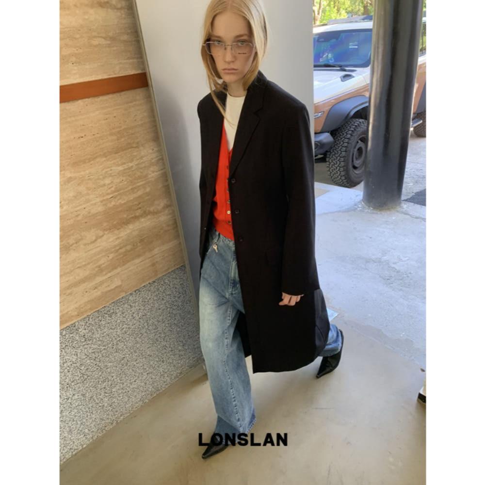 LONSLAN 코트 자켓 베이직 세미 스트레이트 텍스처 허리 롱 수트 재킷