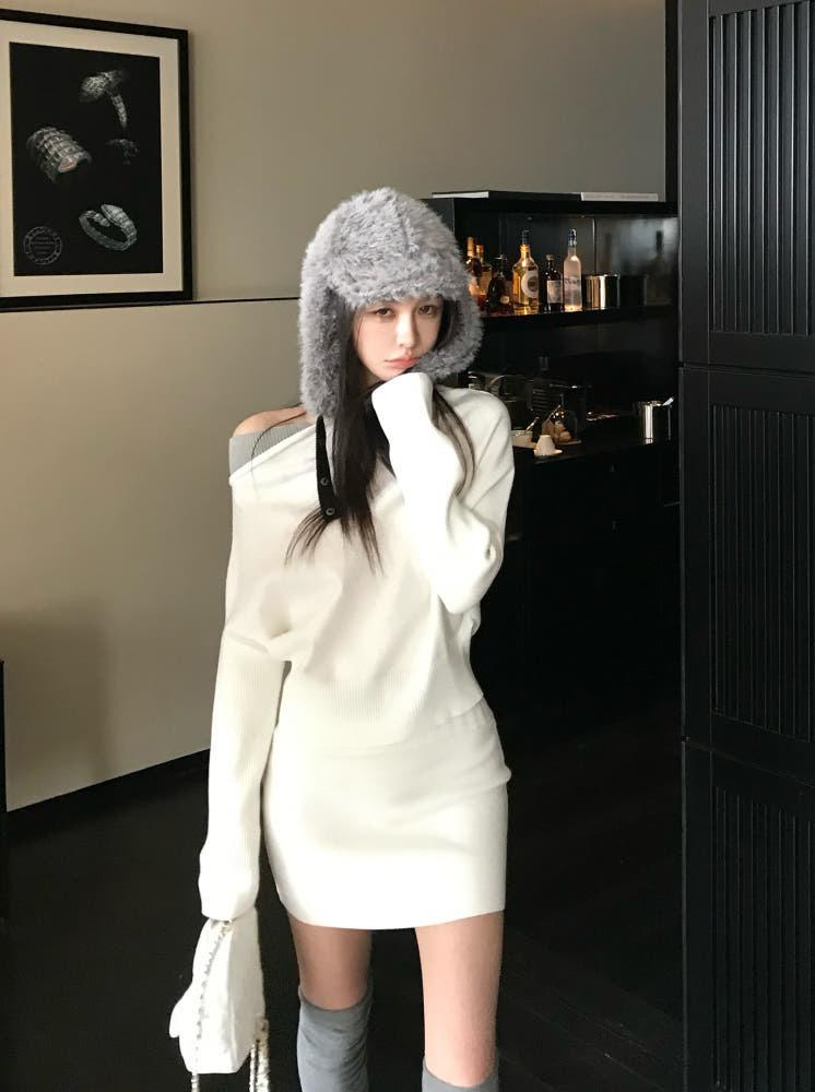 배색 배트 슬리브 니트탑, 스커트세트