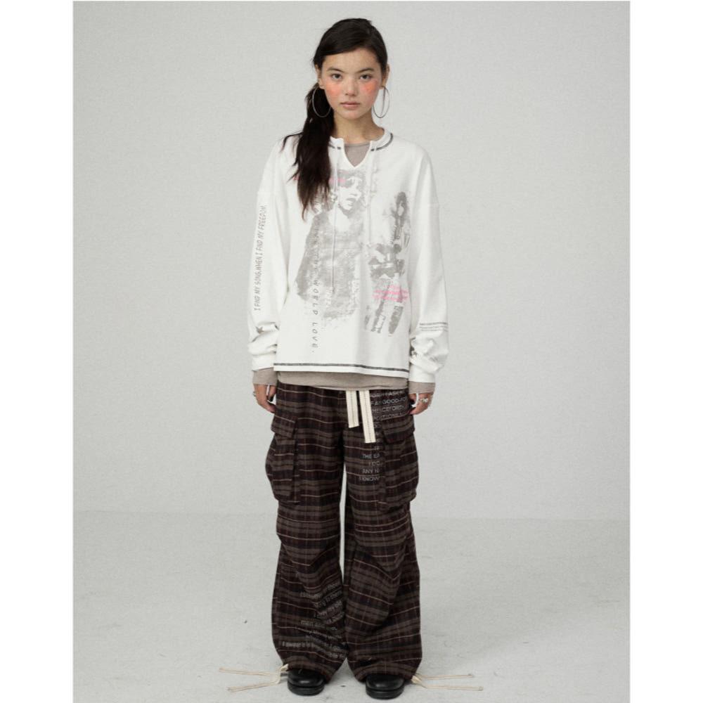 ACHIHARA 아치하라 티셔츠 펑크 미니 브이넥 긴팔 티셔츠