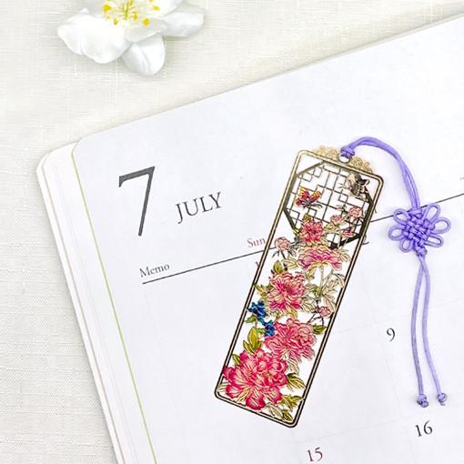 한국 전통 금장 납작 책갈피 목단 북마크 기념품